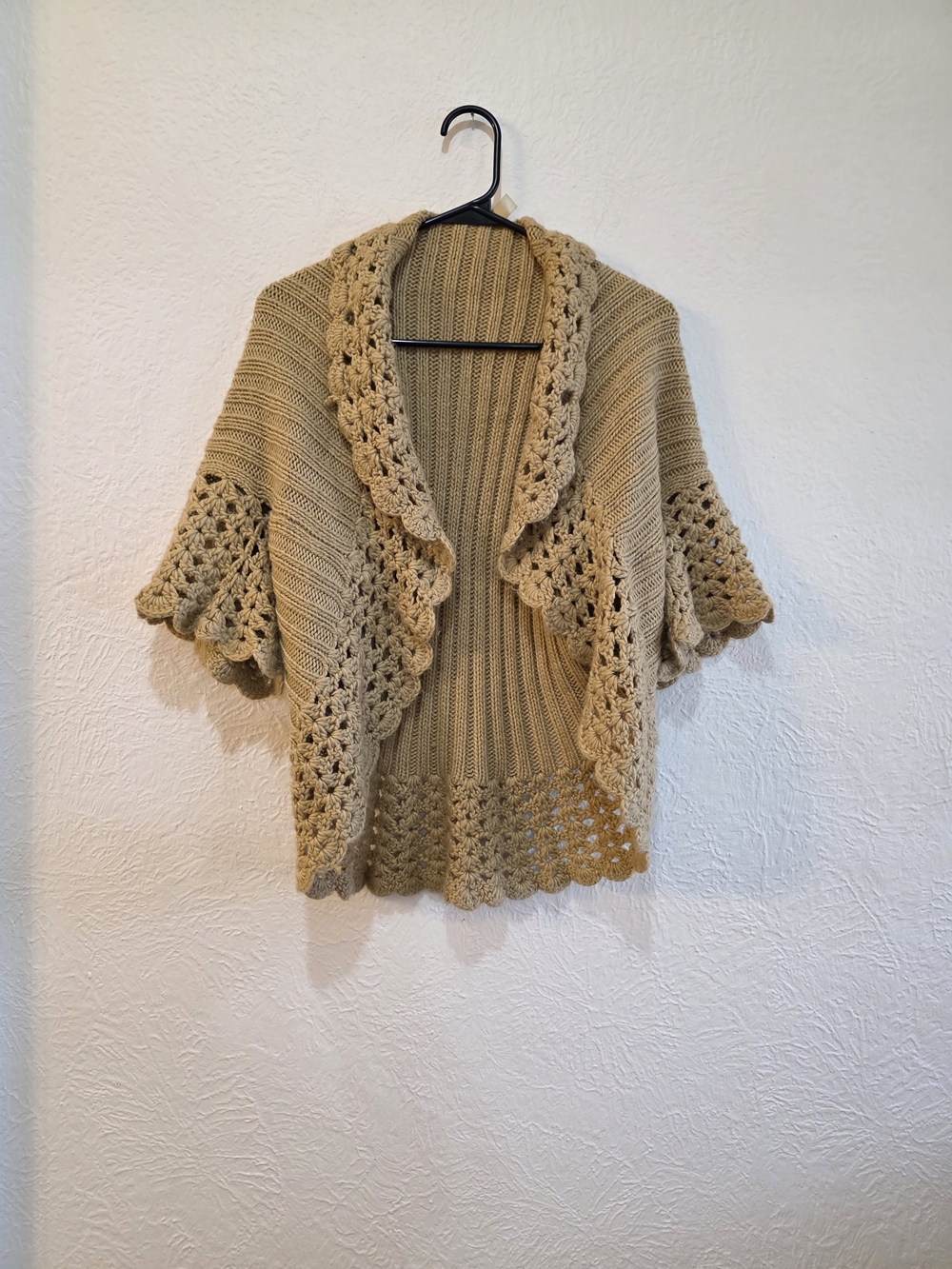 Boho Chic Dress Barn Crochet-Trim Open Front Cardigan in Tan